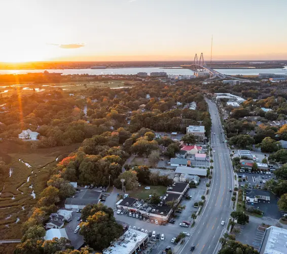 arial image of Mt. pleasant community and swamp with river and bridge in background